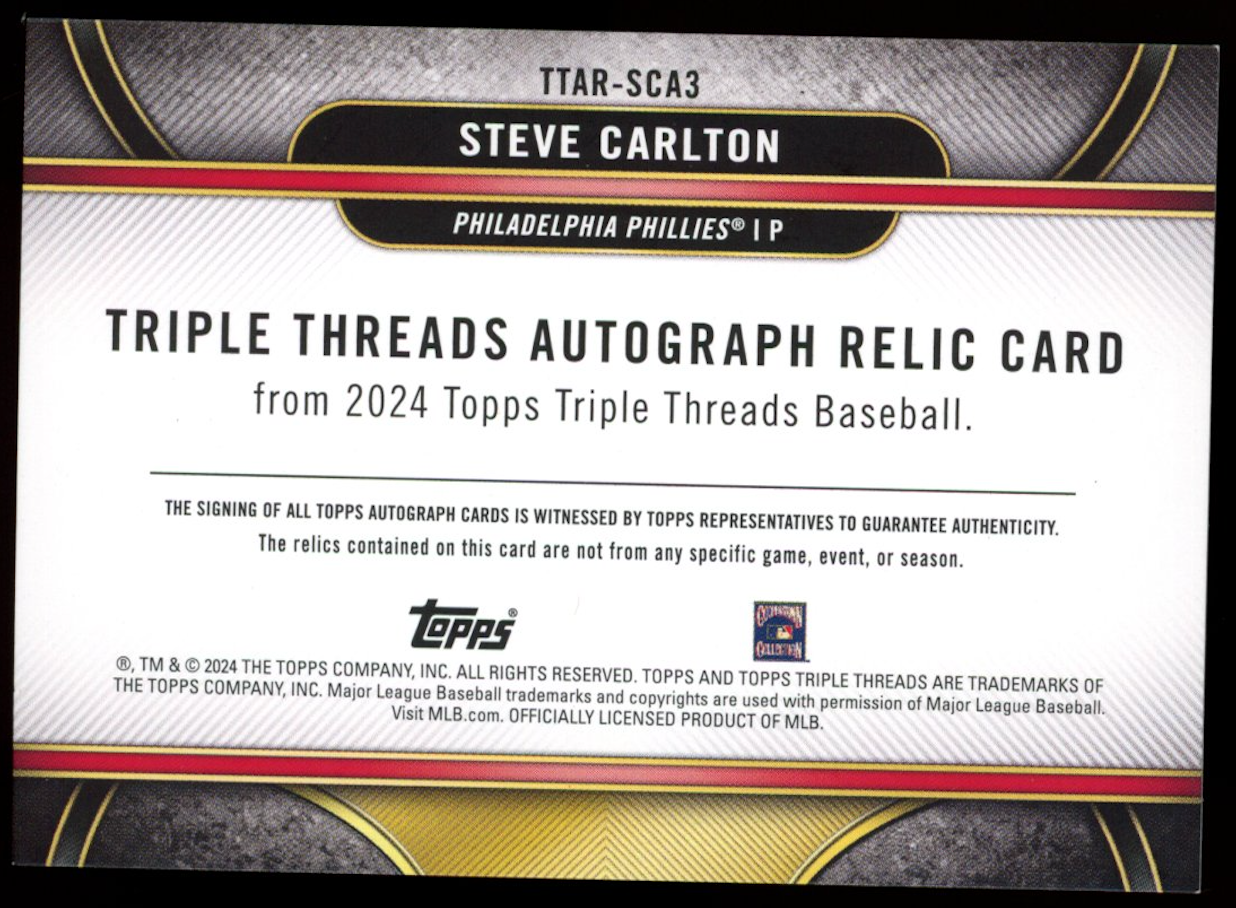 STEVE CARLTON 2024 Topps Triple Threads Autograph Relic Patch Auto /18 Phillies
