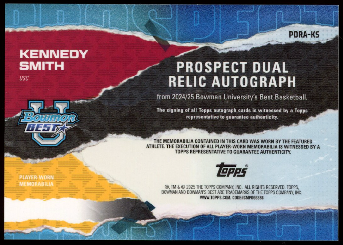 KENNEDY SMITH 2024-25 Bowman U Best Dual Patch Auto Red Refractor /10 USC