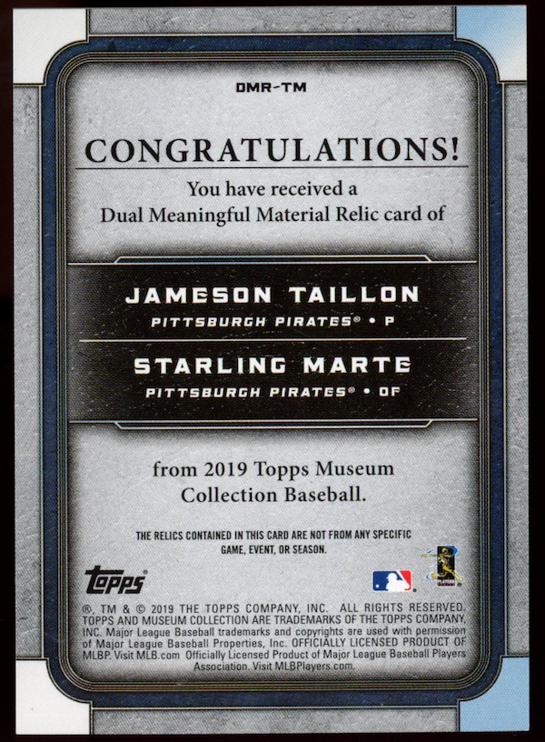 STARLING MARTE TAILLON 2019 Topps Museum Collection Dual Patch 1/1 Pirates