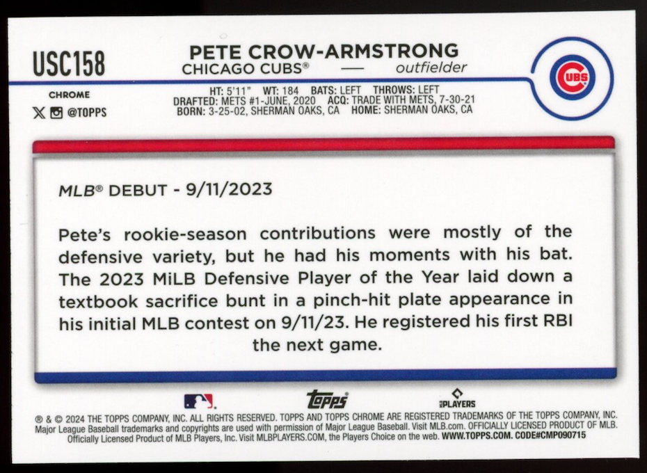 PETE CROW-ARMSTRONG 2024 Topps Chrome Update Negative Refractor Rookie #USC158