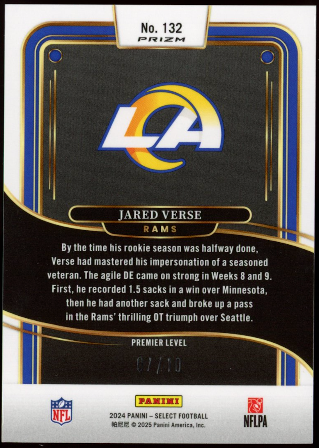 JARED VERSE 2024 Panini Select Premier Level Gold Prizm /10 Rookie Rams #132