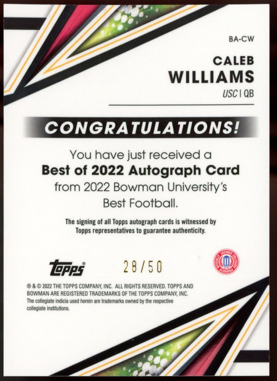 CALEB WILLIAMS 2022 Bowman University Best Gold Refractor Auto /50 USC Trojans