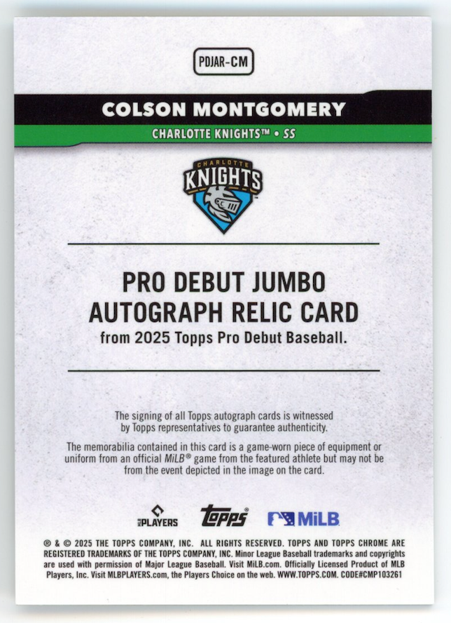 COLSON MONTGOMERY 2025 Topps Pro Debut Chrome Patch Auto Gold Refractor /50