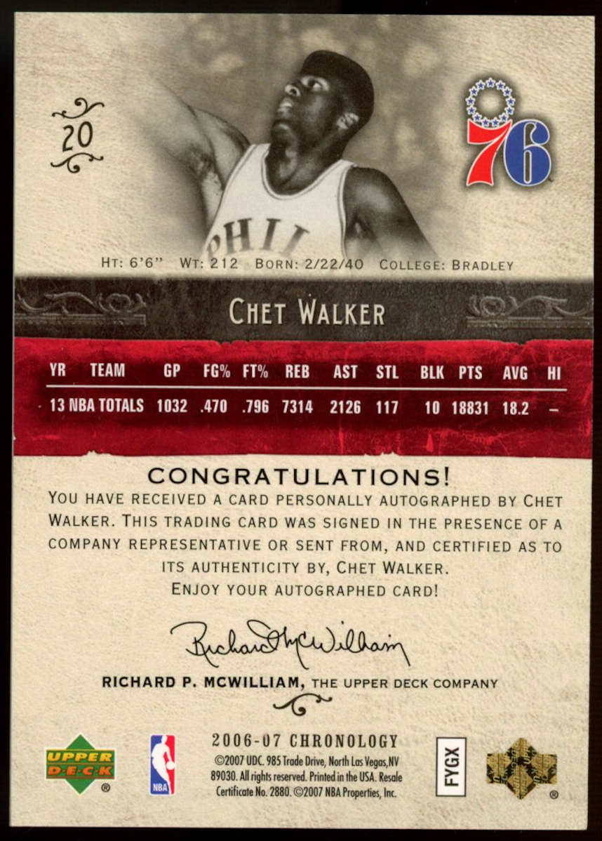 CHET WALKER 2006-07 Upper Deck Chronology On-Card Auto #20 76ers