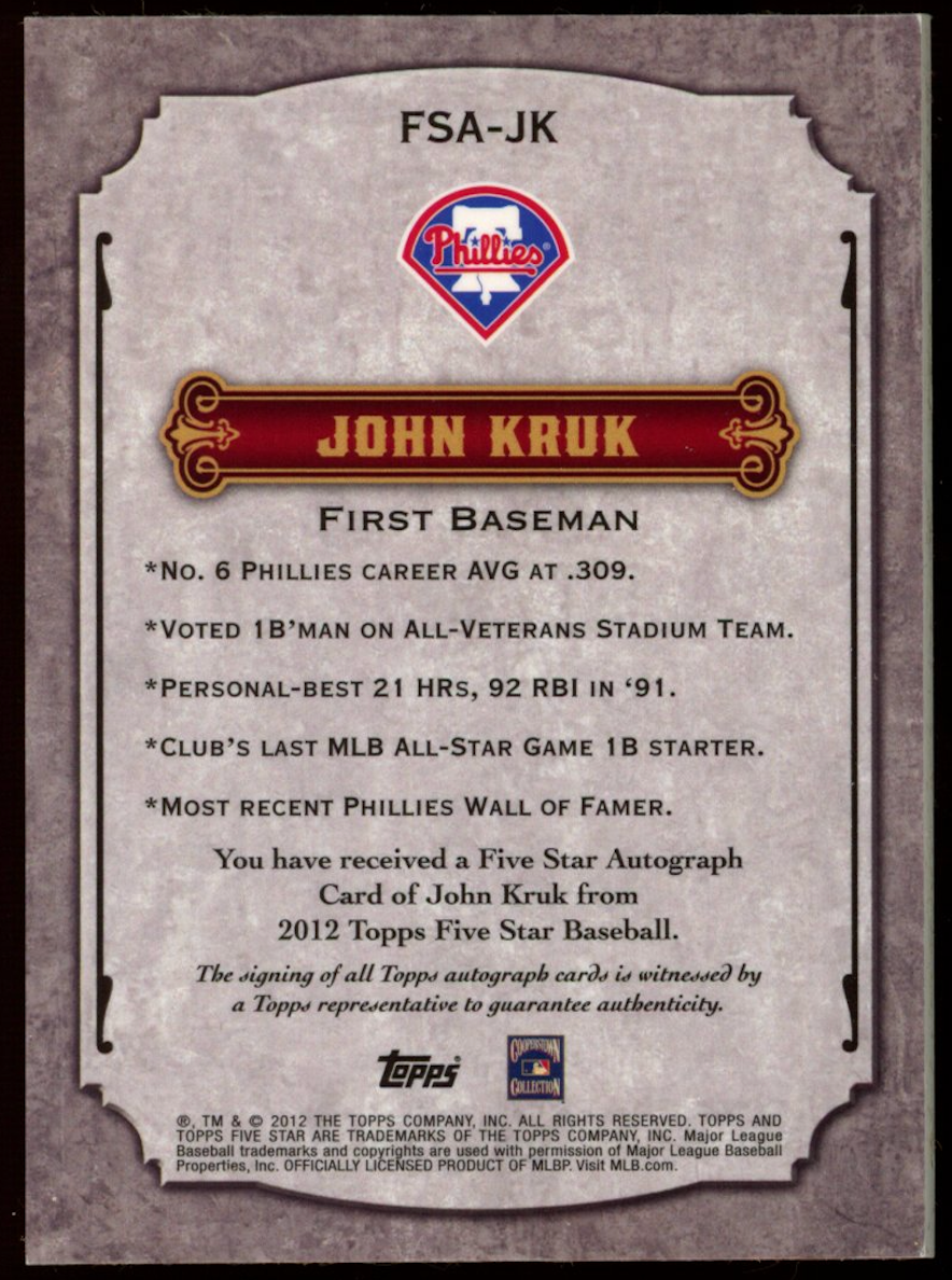 JOHN KRUK 2012 Topps Five Star On-Card Auto /208 Phillies #FSA-JK
