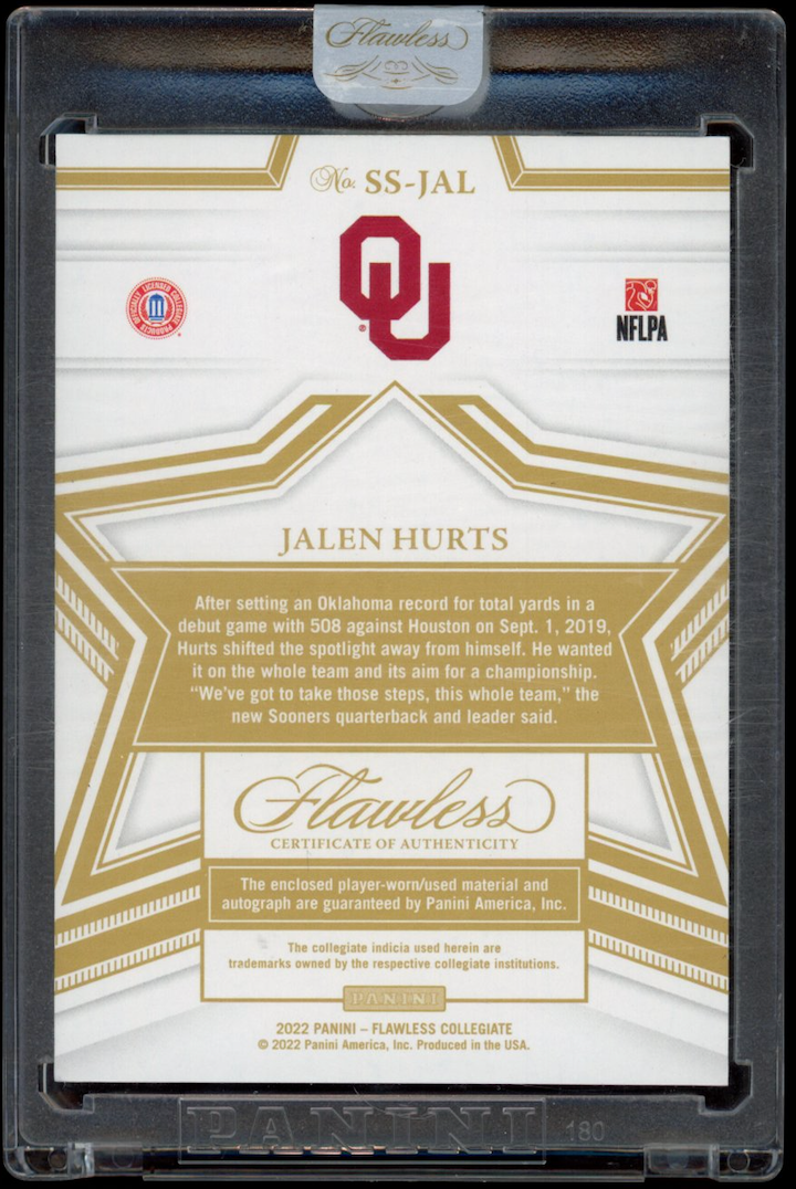 JALEN HURTS 2022 Panini Flawless Collegiate Star Swatch Patch Auto Ruby /20