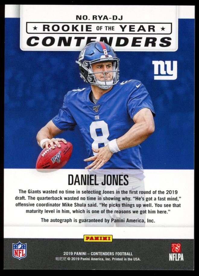 DANIEL JONES 2019 Panini Contenders Rookie of the Year Auto Gold /10 #RYA-DJ