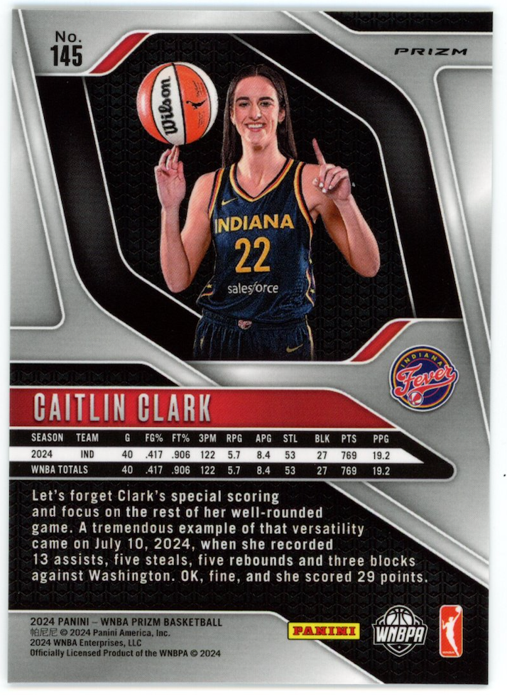 CAITLIN CLARK 2024 Panini Prizm Silver Variation #145 Rookie RC Indiana Fever