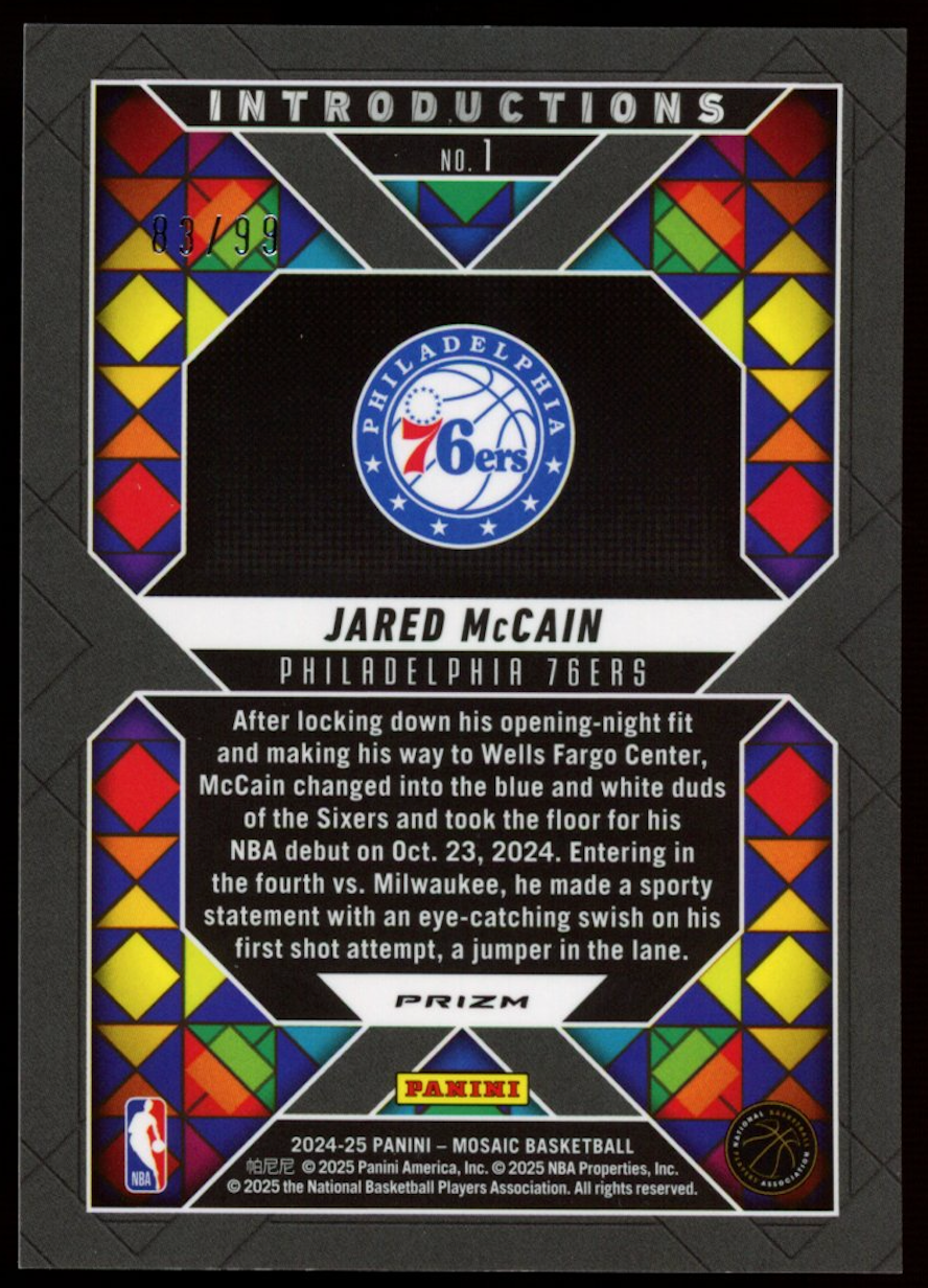 JARED MCCAIN 2024-25 Panini Mosaic Introductions Purple Prizm /99 Rookie 76ers