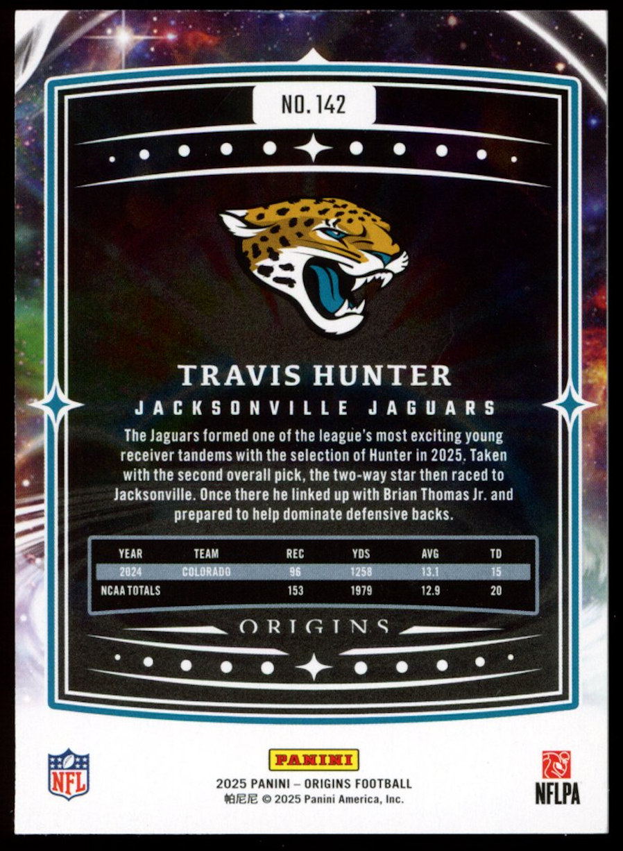 TRAVIS HUNTER 2025 Panini Origins Purple FOTL /17 #142 Rookie Jaguars