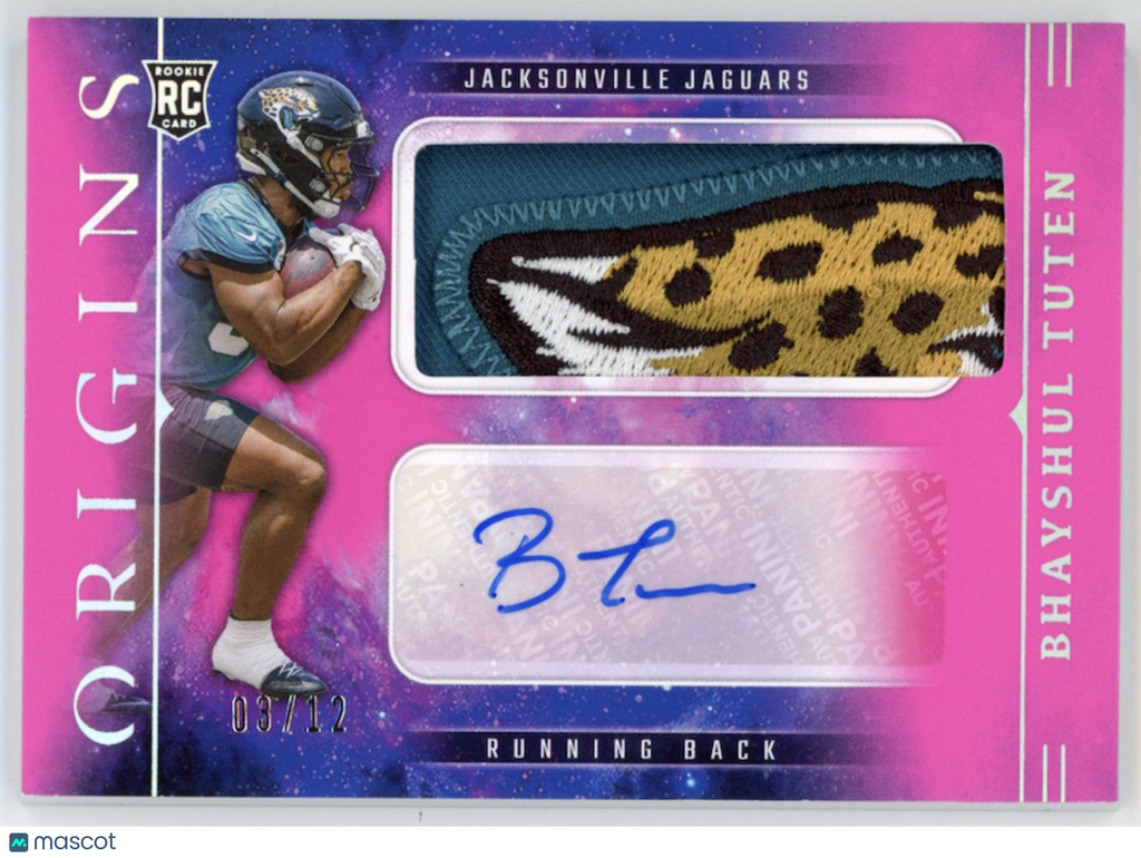 BHAYSHUL TUTEN 2025 Panini Origins Rookie Jumbo Logo Patch Auto Pink /12 Jaguars