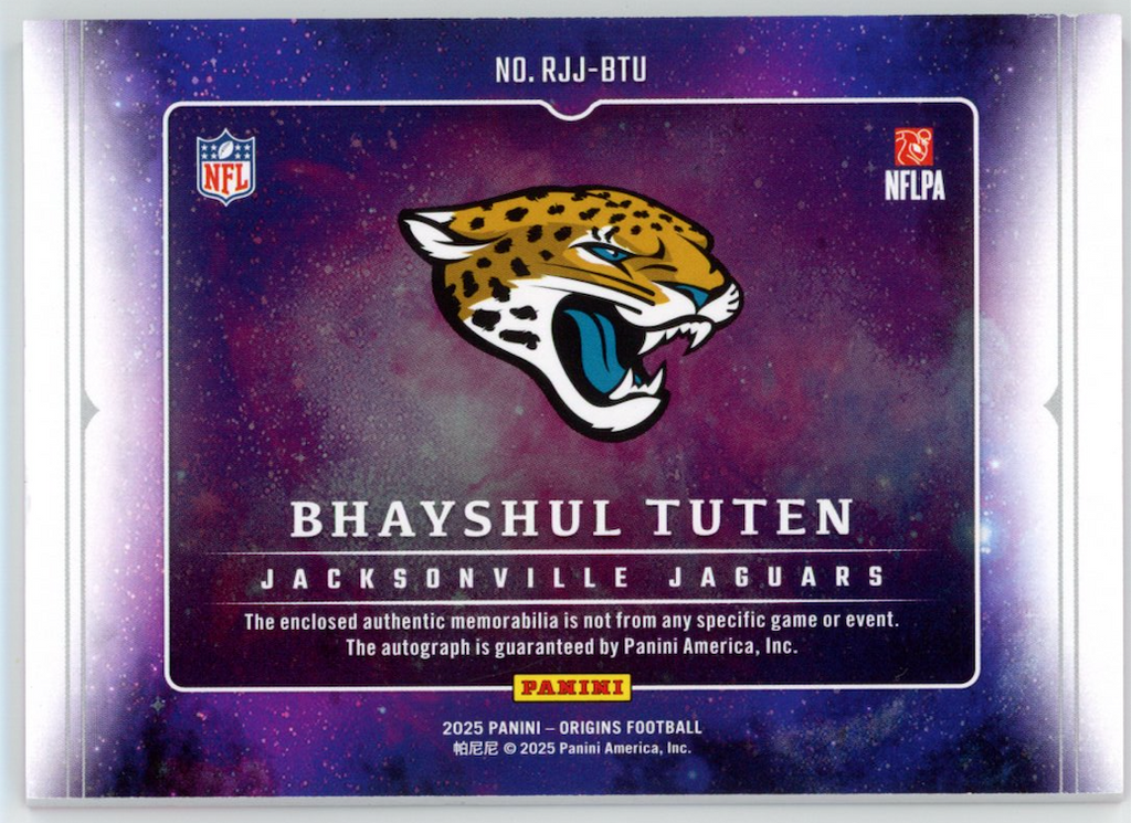 BHAYSHUL TUTEN 2025 Panini Origins Rookie Jumbo Logo Patch Auto Pink /12 Jaguars