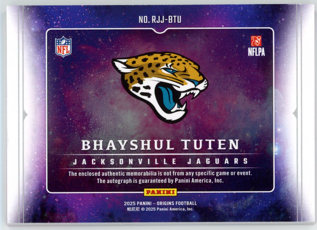 BHAYSHUL TUTEN 2025 Panini Origins Rookie Jumbo Logo Patch Auto Pink /12 Jaguars