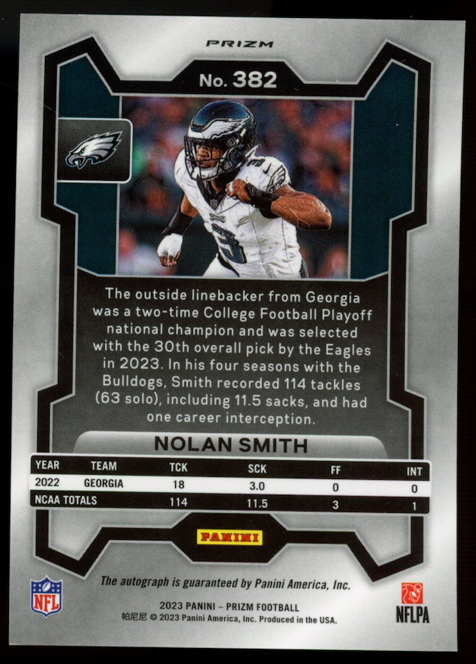 NOLAN SMITH 2023 Panini Prizm Football Silver Rookie Auto Eagles #382