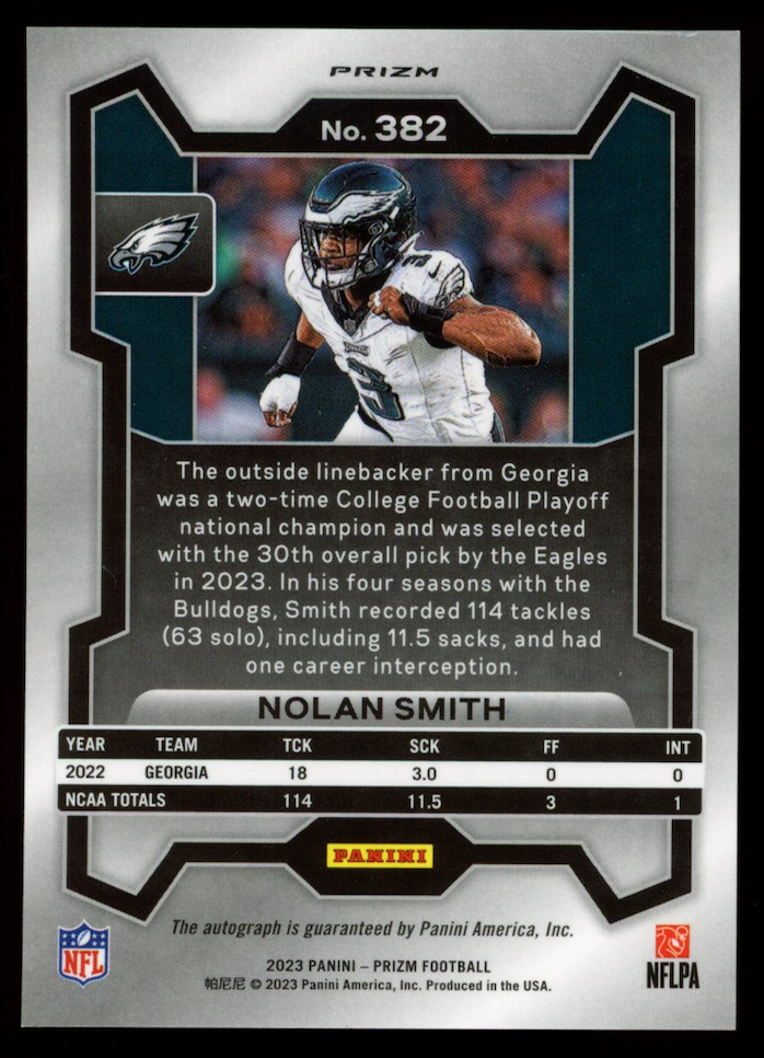 NOLAN SMITH 2023 Panini Prizm Purple Pulsar Rookie Auto #382 Eagles RC