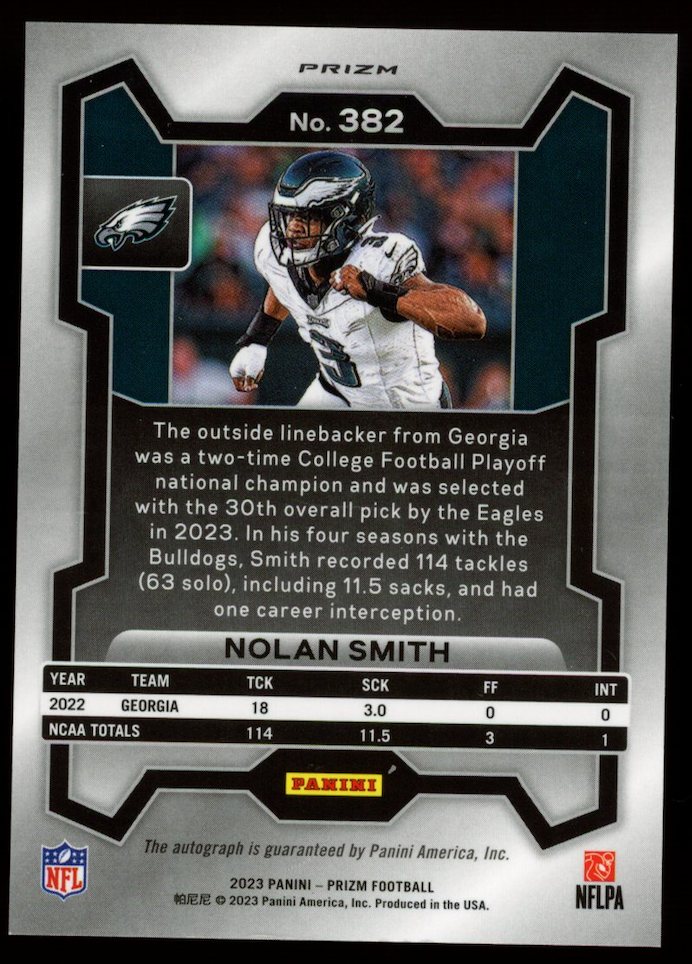 NOLAN SMITH 2023 Panini Prizm No Huddle Disco Auto #382 Rookie Eagles