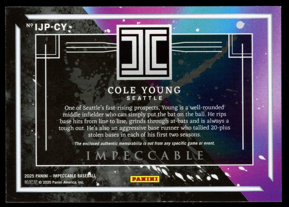 COLE YOUNG 2025 Panini Impeccable Jumbo Patch Hats Logo /6 Seattle Mariners