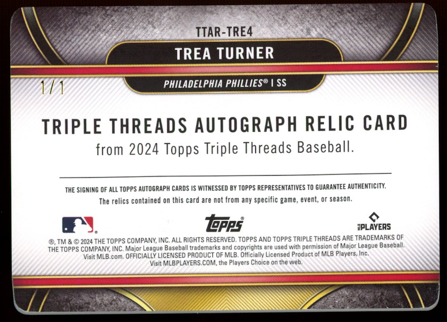 TREA TURNER 2024 Topps Triple Threads White Whale Auto Relic 1/1 Phillies