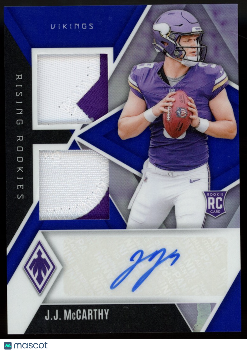 J.J. MCCARTHY 2024 Panini Phoenix Rising Rookies Patch Auto Blue /49 Vikings