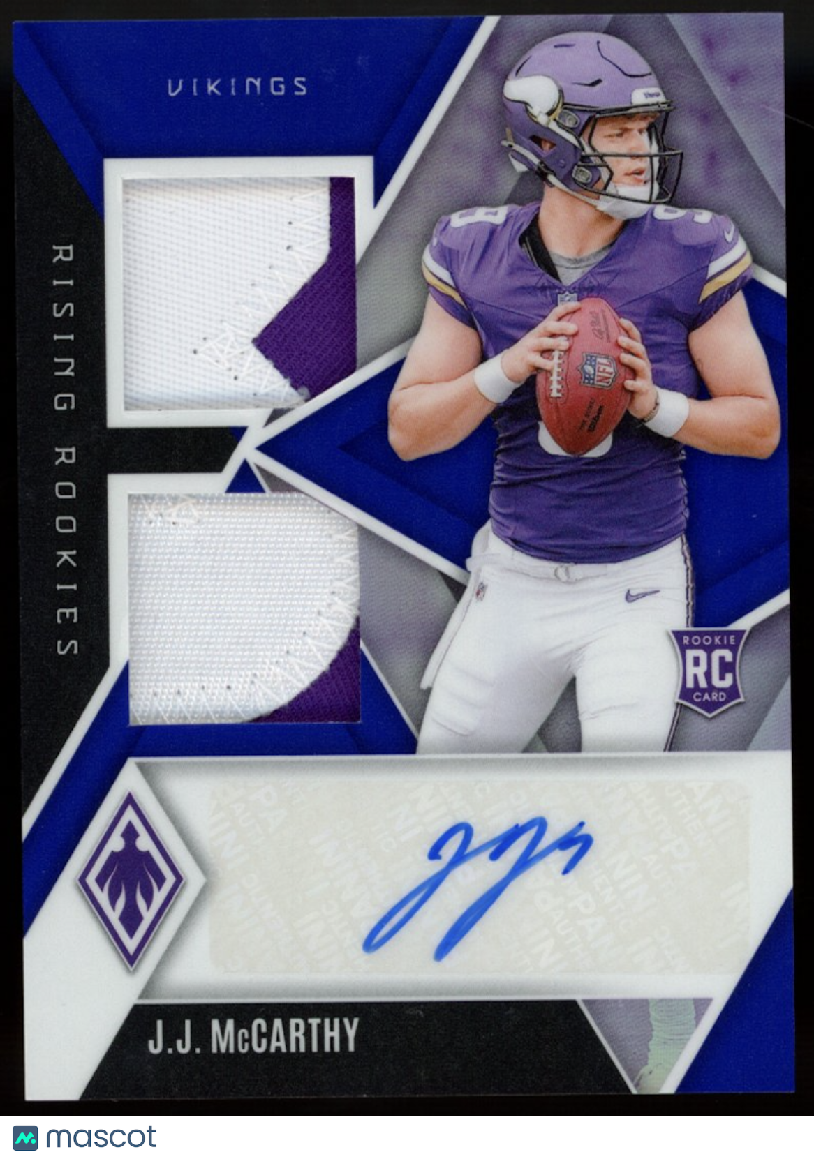 J.J. MCCARTHY 2024 Panini Phoenix Rising Rookies Patch Auto Blue /49 Vikings
