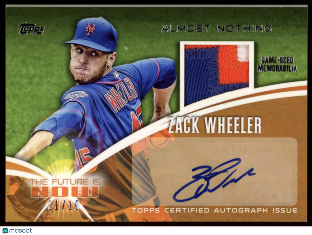 ZACK WHEELER 2014 Topps The Future Is Now Auto Patch Auto /10 Mets