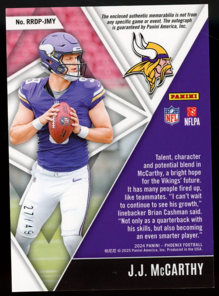 J.J. MCCARTHY 2024 Panini Phoenix Rising Rookies Patch Auto Blue /49 Vikings