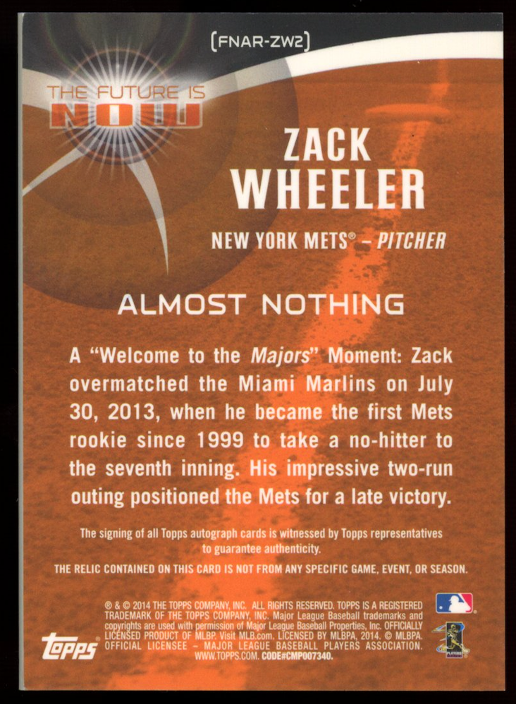 ZACK WHEELER 2014 Topps The Future Is Now Auto Patch Auto /10 Mets