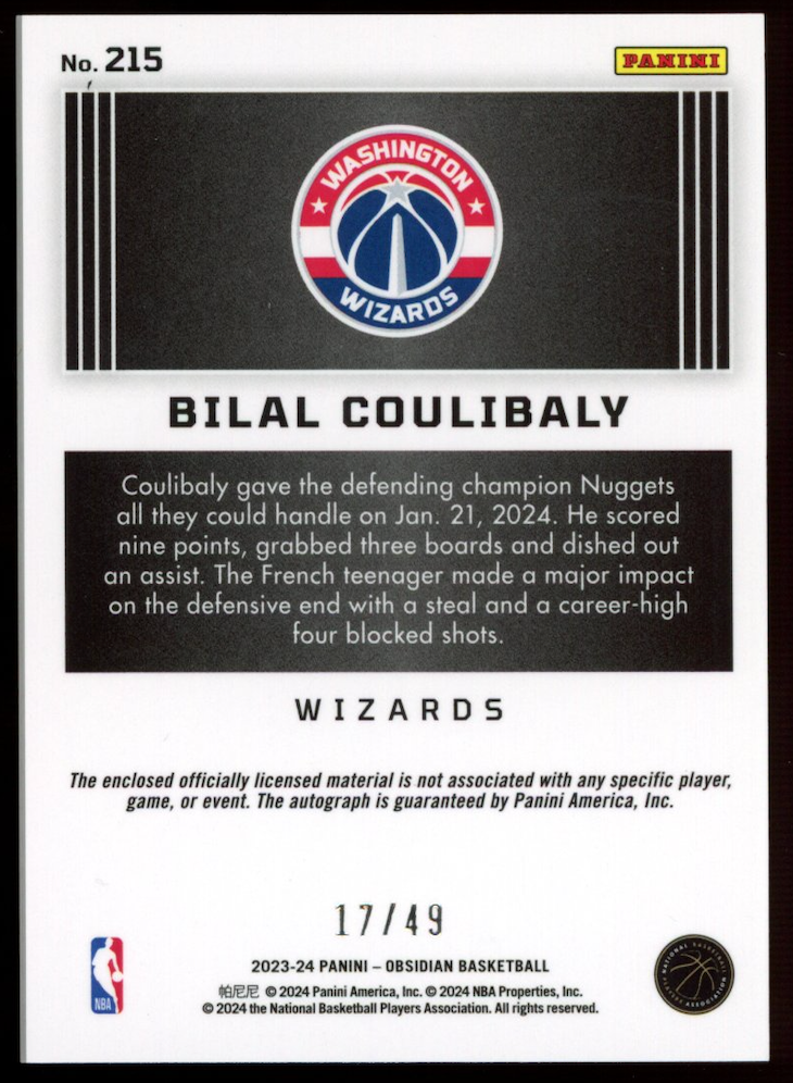 BILAL COULIBALY 2023-24 Panini Obsidian Rookie Patch Auto Purple Flood /49 #215