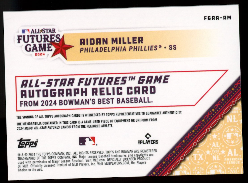 AIDAN MILLER 2024 Bowman's Best All-Star Futures Game Rookie Patch Auto /500