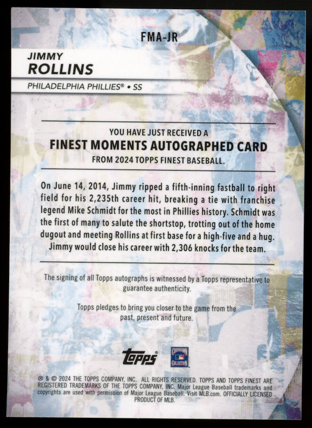JIMMY ROLLINS 2024 Topps Finest Moments SuperFractor Auto 1/1 #FMA-JR Phillies