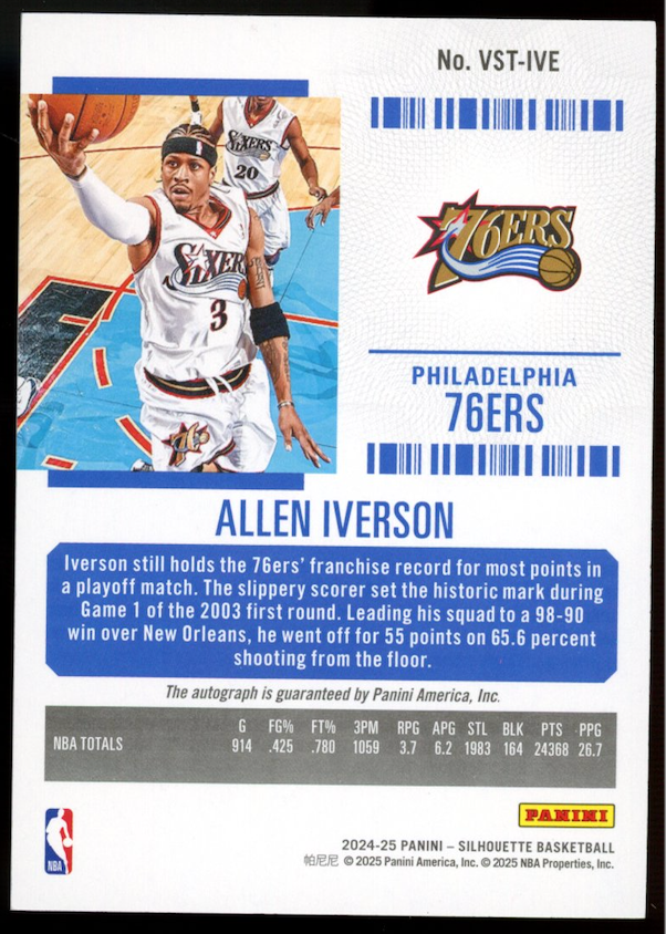 ALLEN IVERSON 2024-25 Panini Silhouette Contenders Veteran Ticket Auto /49 76ers