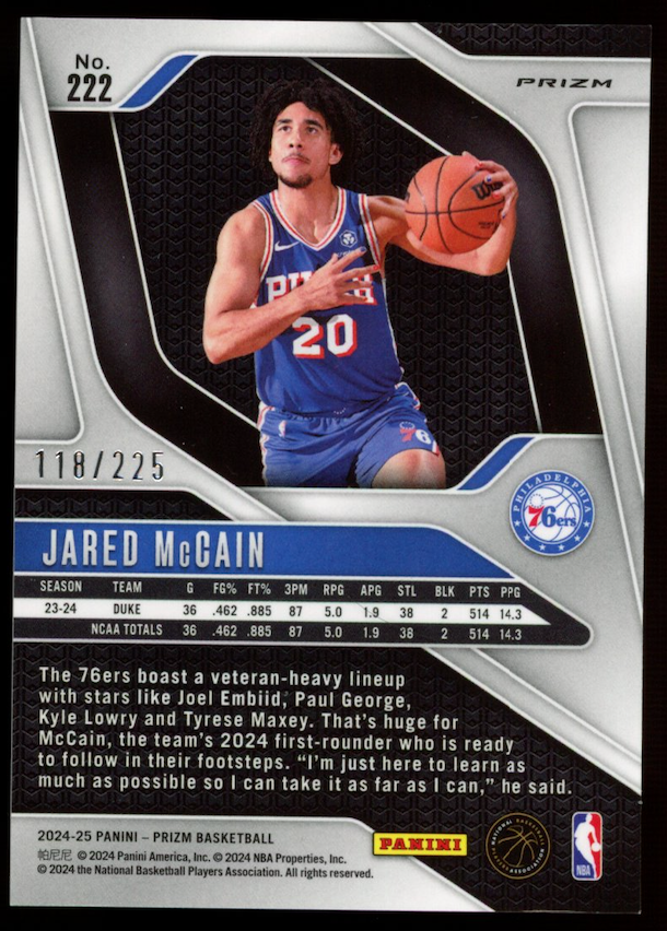 JARED MCCAIN 2024-25 Panini Prizm #222 Teal Ice Rookie RC /225 76ers