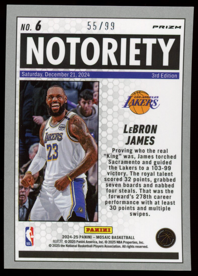 LEBRON JAMES 2024-25 Panini Mosaic Notoriety Purple Prizm /99 #6 Lakers