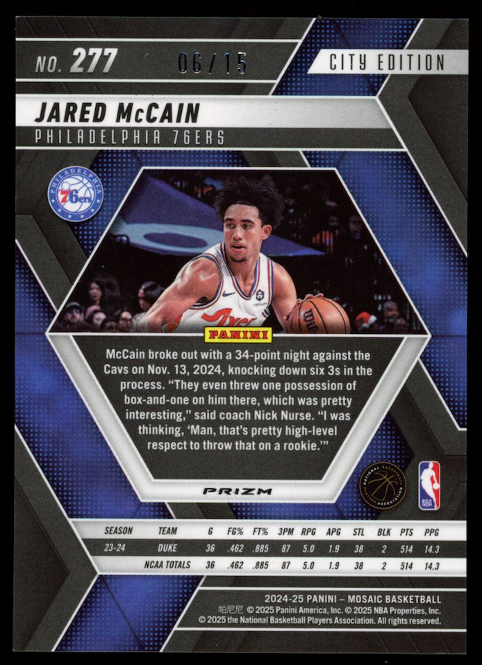 JARED MCCAIN 2024-25 Panini Mosaic City Edition Green Scope /15 Rookie 76ers