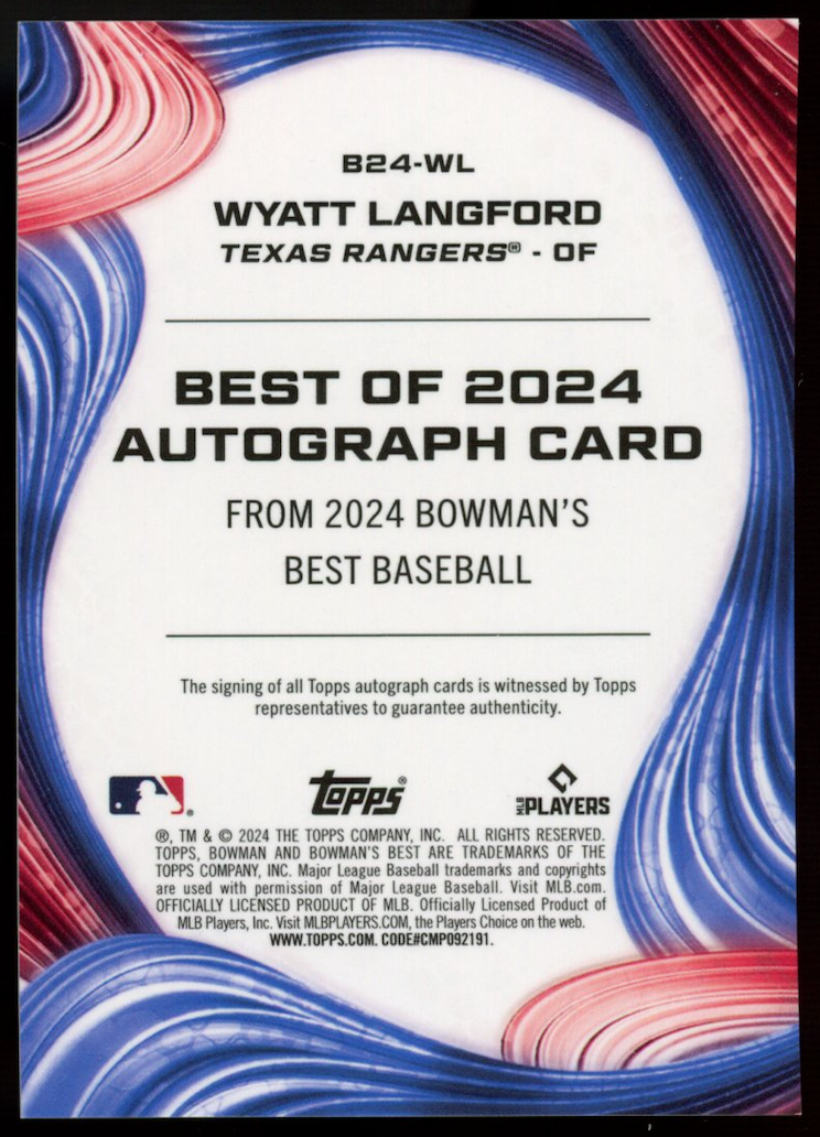 WYATT LANGFORD 2024 Bowman's Best of 24 Rookie Auto #B24-WL Rangers RC