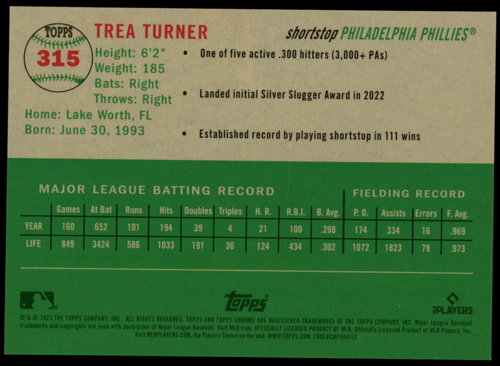 TREA TURNER 2023 Topps Chrome Platinum Red Refractor /5 #315 Phillies