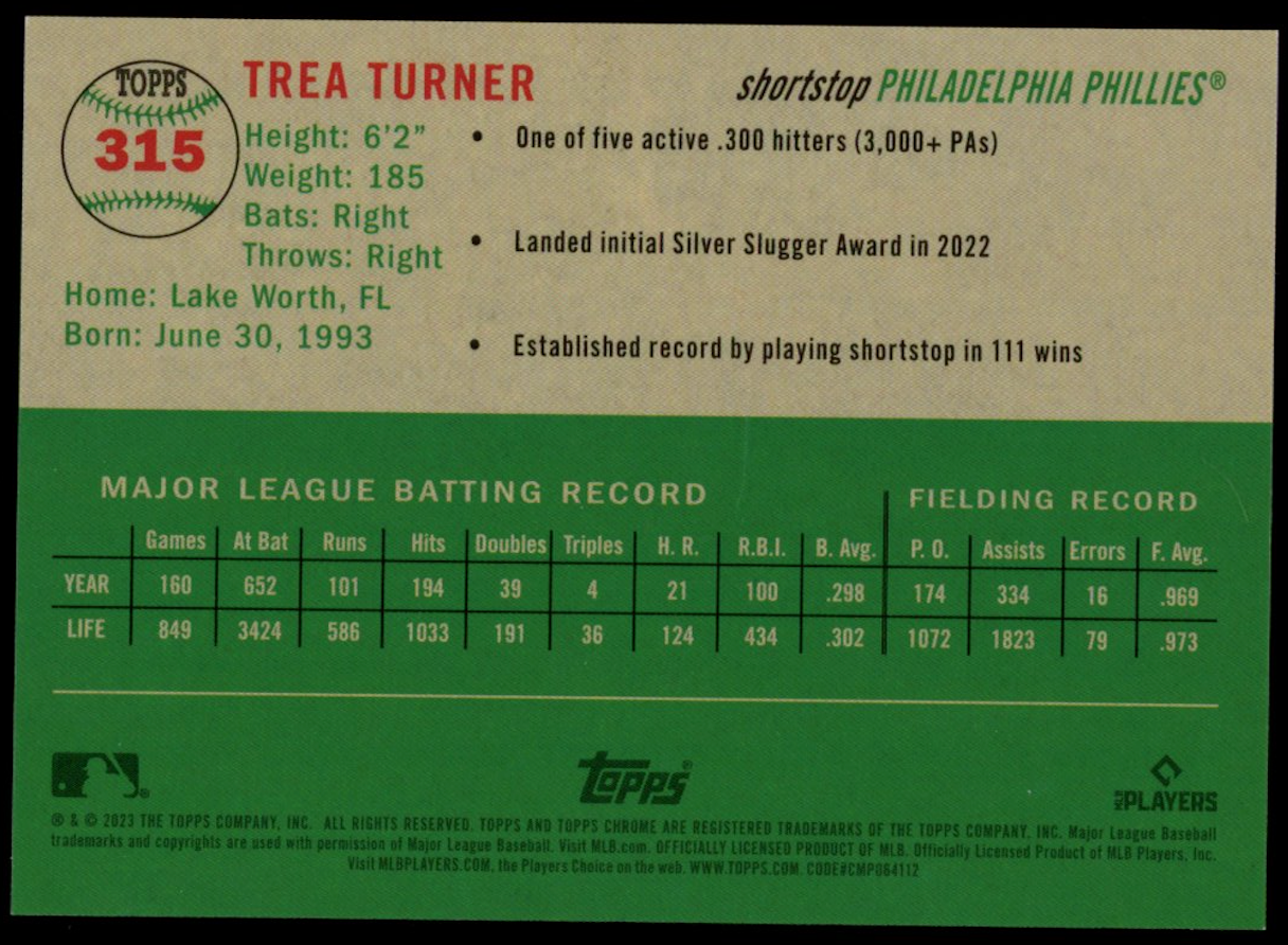 TREA TURNER 2023 Topps Chrome Platinum Red Refractor /5 #315 Phillies