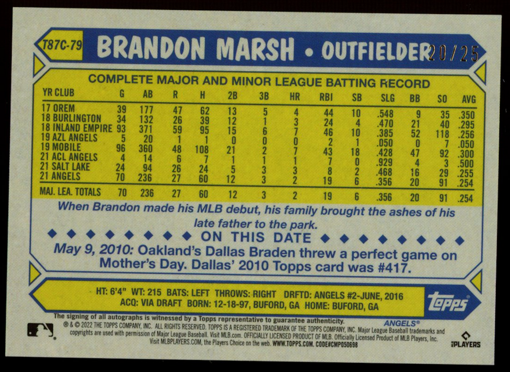 BRANDON MARSH 2022 Topps Chrome Rooie Auto Orange Refractor /25 #87BC-79 Angels