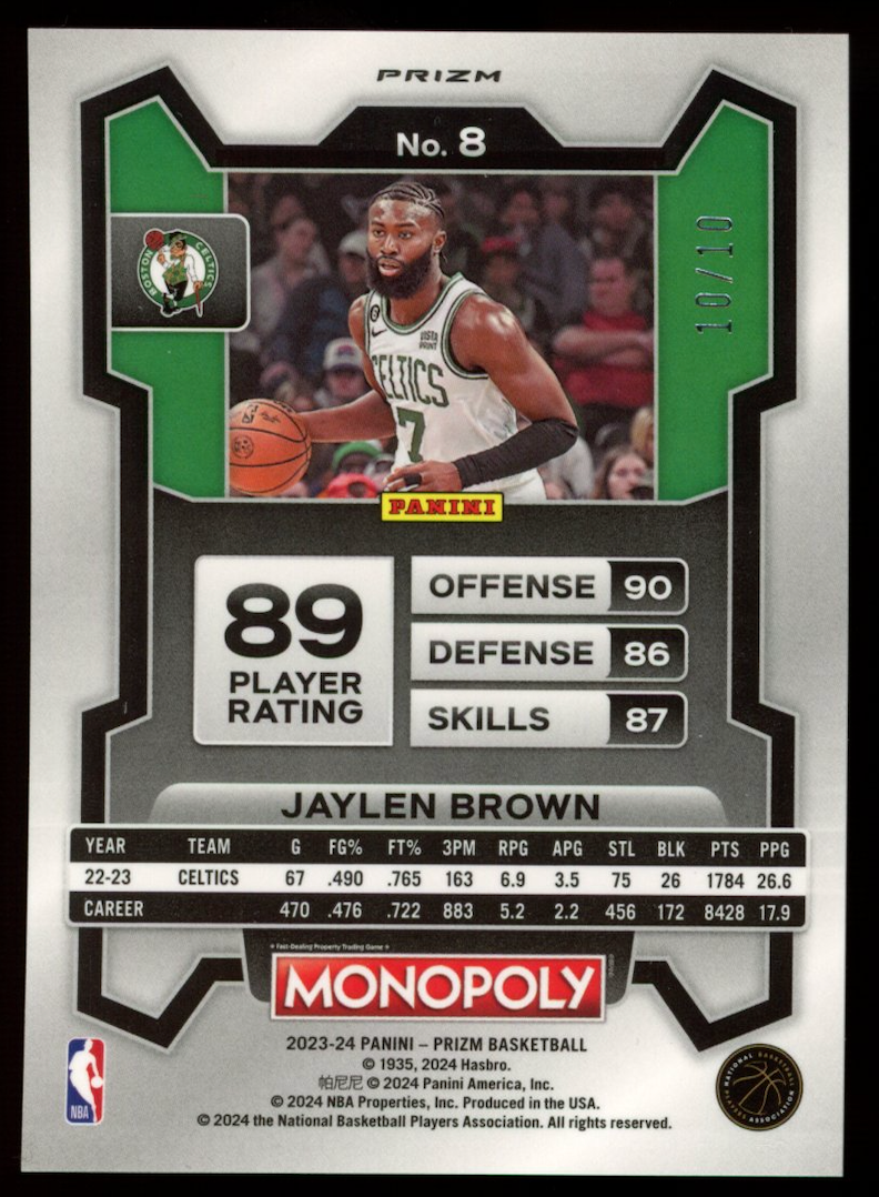 JAYLEN BROWN 2023-24 Panini Prizm Monopoly #8 Neon Green /10 Celtics