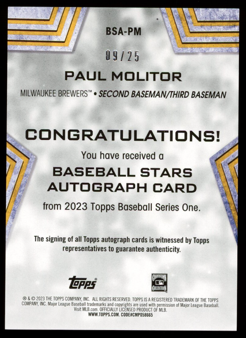 PAUL MOLITOR 2023 Topps Series 1 Baseball Stars Red Auto /25 #BSA-PM Brewers