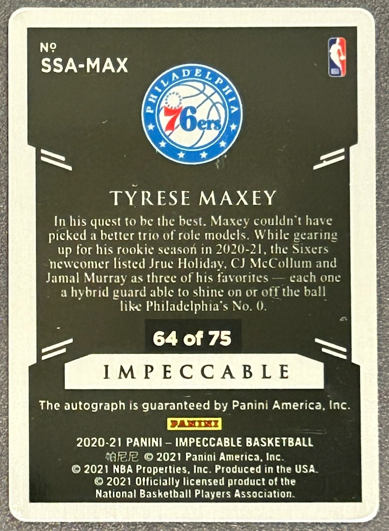 TYRESE MAXEY 2020-21 Panini Impeccable Stainless Stars Rookie Auto /75 76ers