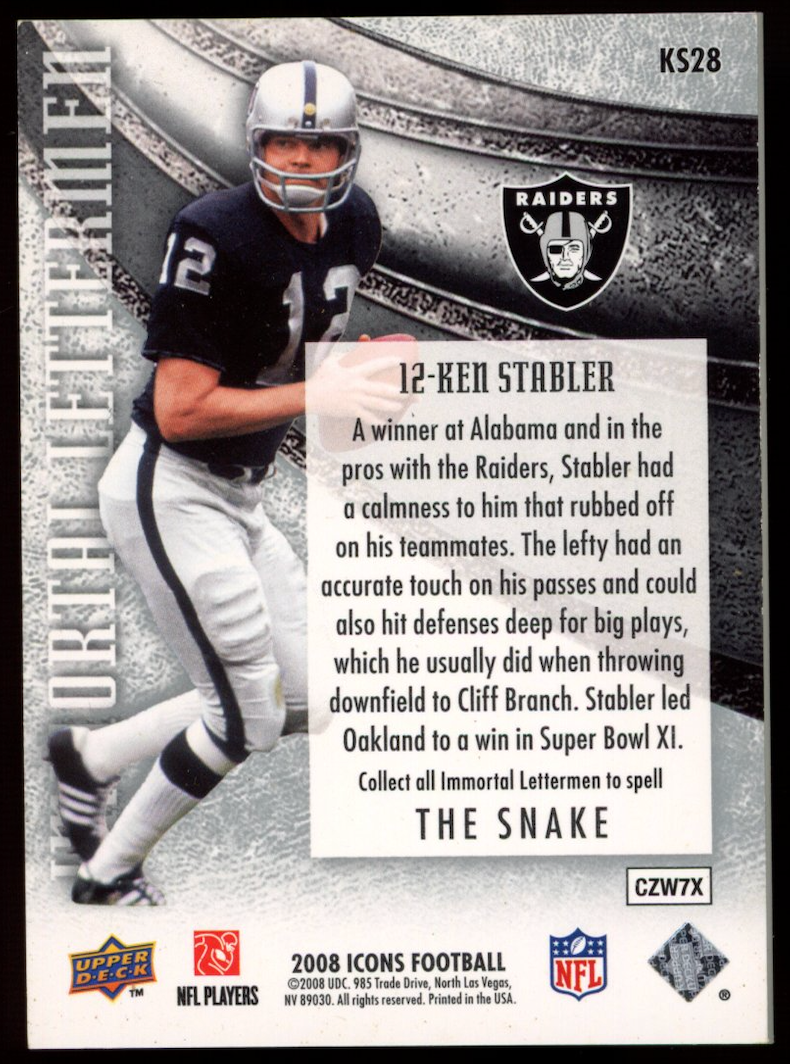 KEN STABLER 2008 Upper Deck Icons Immortal Lettermen #KS28 Letter Patch /56