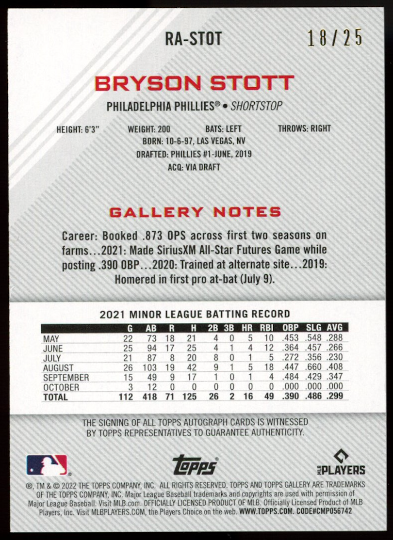 BRYSON STOTT 2022 Topps Gallery Rookie Auto Orange /25 #RA-STOT Phillies