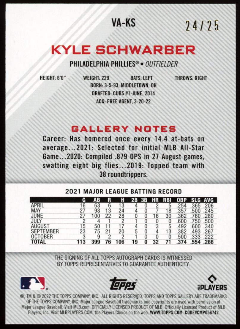 KYLE SCHWARBER 2022 Topps Gallery Orange Auto /25 #VA-KS Philadelphia Phillies