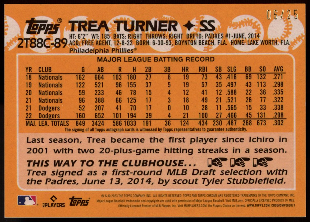 TREA TURNER 2023 Topps Chrome 35th Orange Refractor Auto /25 Phillies #2T88C-89