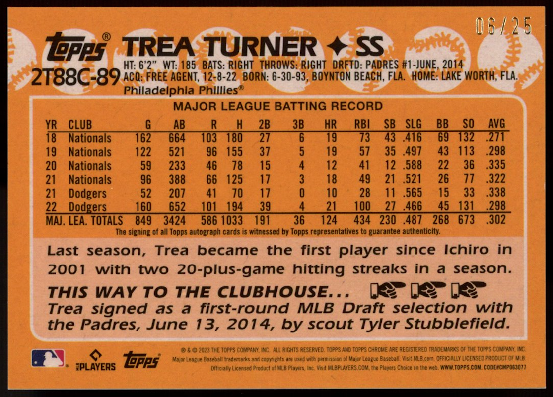 TREA TURNER 2023 Topps Chrome 35th Orange Refractor Auto /25 Phillies #2T88C-89