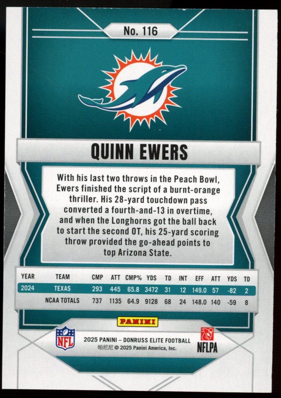 QUINN EWERS 2025 Panini Donruss Elite Rookie Purple /49 #116 Miami Dolphins