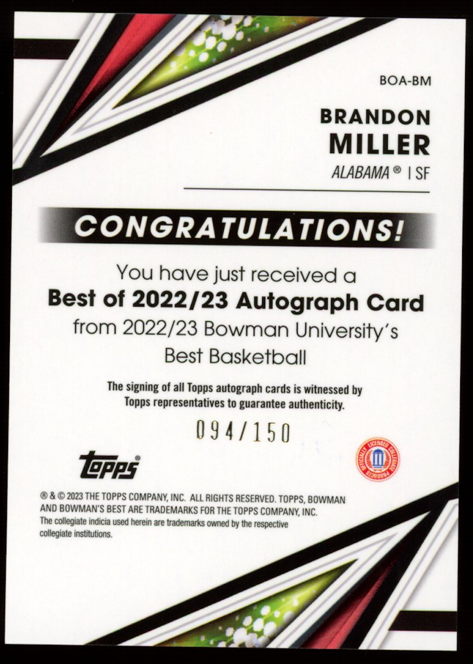 BRANDON MILLER 2022-23 Bowman U Best Auto Blue Refractor /150 #BOA-BM Hornets