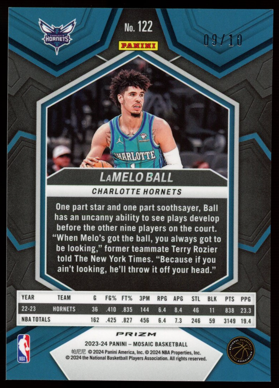 LAMELO BALL 2023-24 Panini Mosaic Choice Gold Prizm /10 #122 Charlotte Hornets