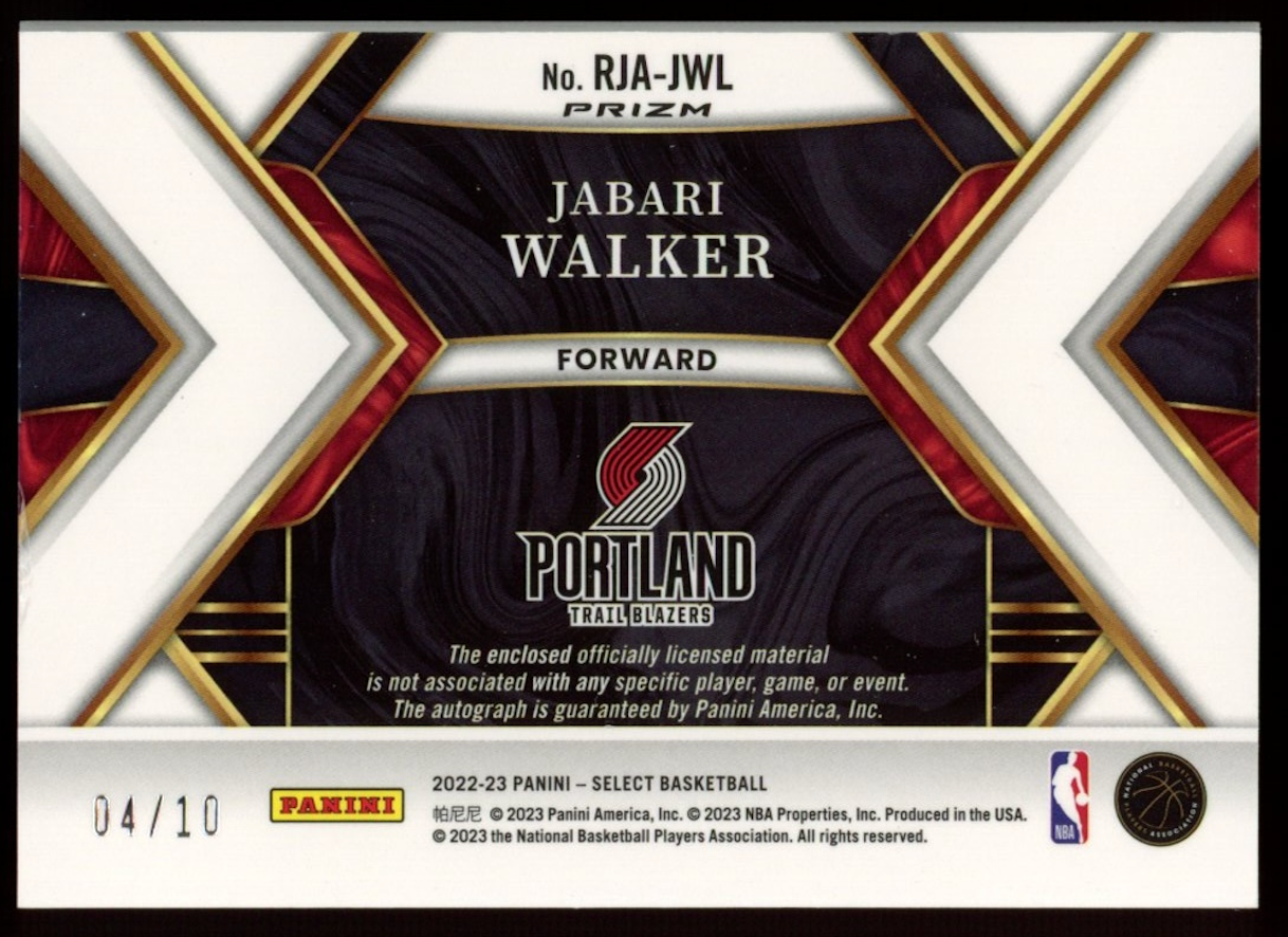 JABARI WALKER 2022-23 Panini Select Rookie Patch Auto Gold Wave /10 #RJA-JWL